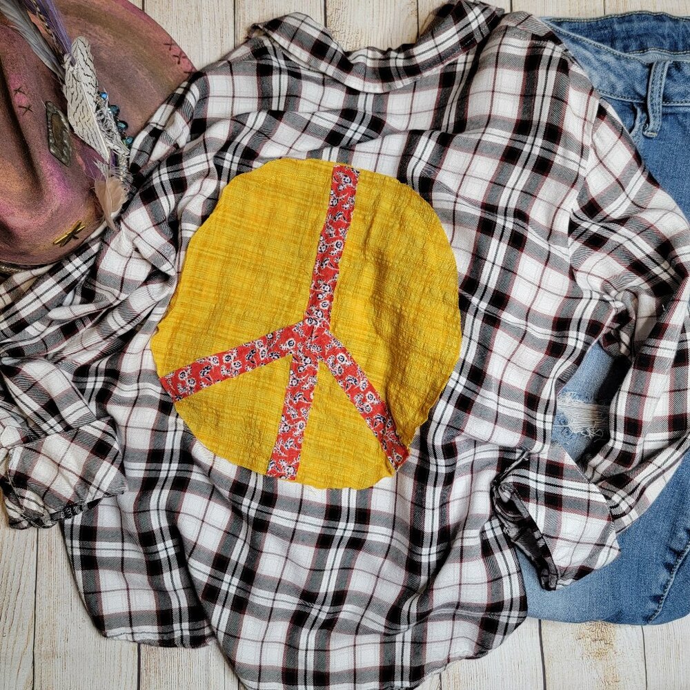 Upcycled Peace Out Plaid Boho Shirt, size large, Sanctuary brand